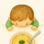 Niño visto desde arriba mirando un plato de sopa caliente, ilustración en acuarela