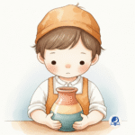 Ilustración en acuarela de un niño alfarero moldeando barro, inspirada en el cuento infantil “El alfarero y el jarrón roto”, un cuento sobre empezar de nuevo.