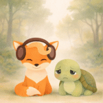 Ilustración de un zorro escuchando a una tortuga en un cuento infantil sobre el valor de saber escuchar