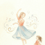 Ilustración de una mamá bailando con su hija en un cuento infantil sobre sueños y nuevos comienzos.