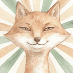 Ilustración infantil en acuarela de un zorro sonriente en primer plano, con expresión orgullosa y fondo de rayos suaves en tonos verdes y beige.