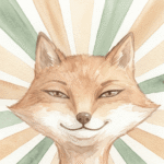 Ilustración infantil en acuarela de un zorro sonriente en primer plano, con expresión orgullosa y fondo de rayos suaves en tonos verdes y beige.