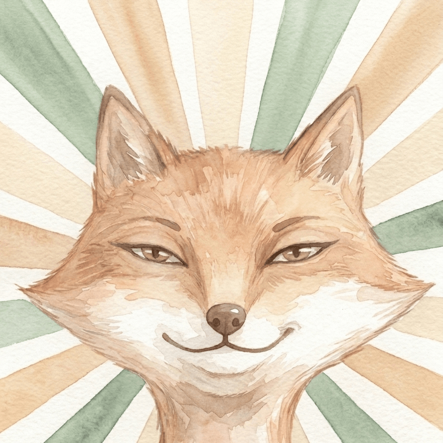 Ilustración infantil en acuarela de un zorro sonriente en primer plano, con expresión orgullosa y fondo de rayos suaves en tonos verdes y beige.